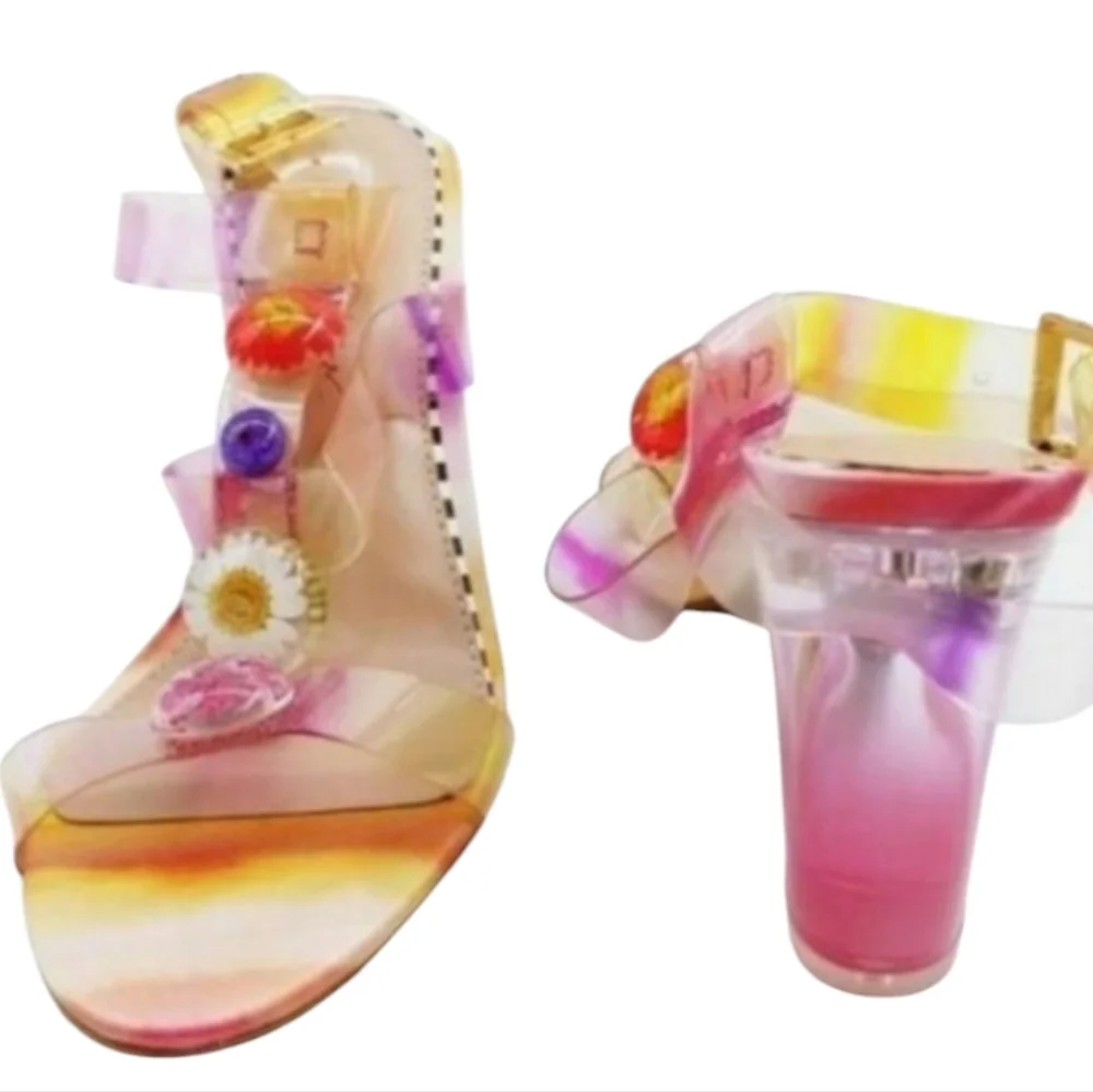 Betsey Johnson Lennie Pink Multi Floral Clear Block Heel 6